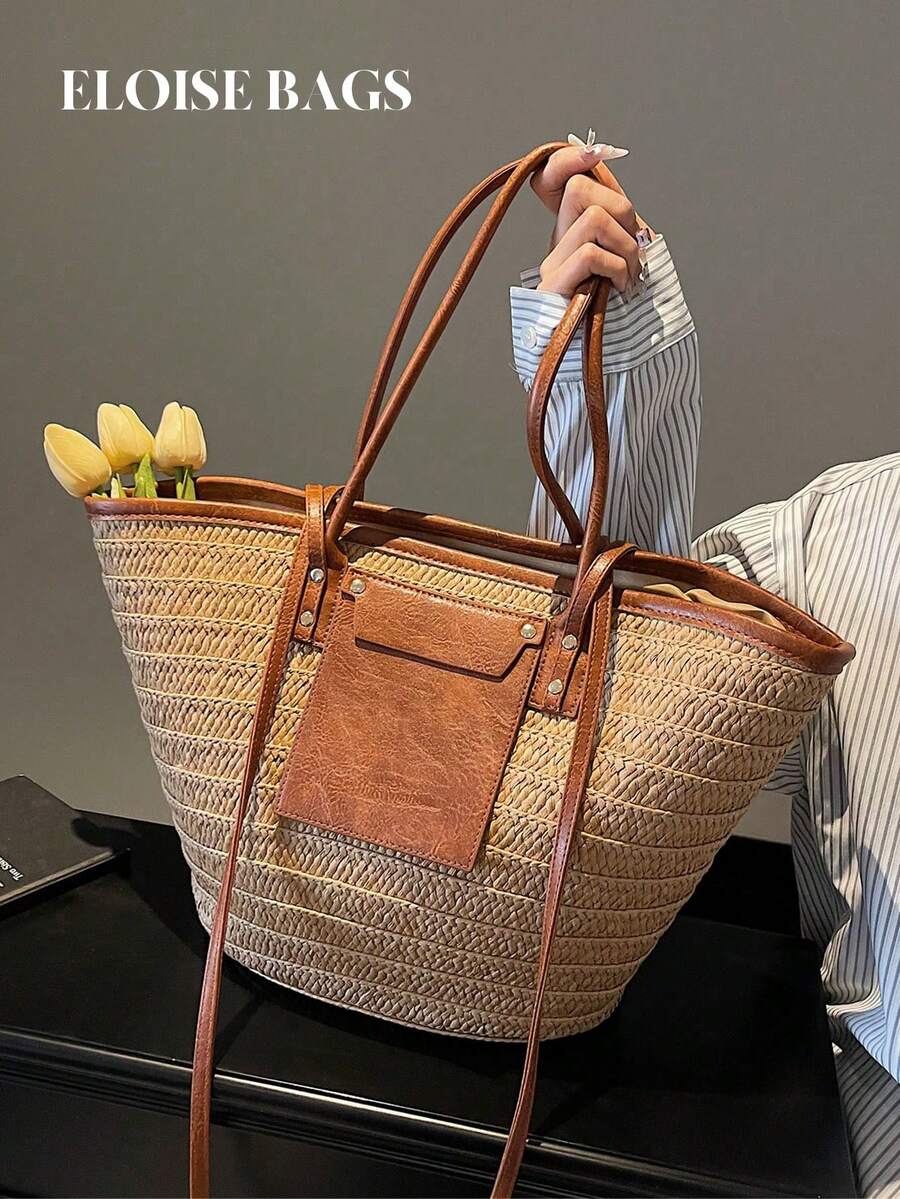 Woven Straw Bag - Sac fourre-tout tissé de grande capacité,